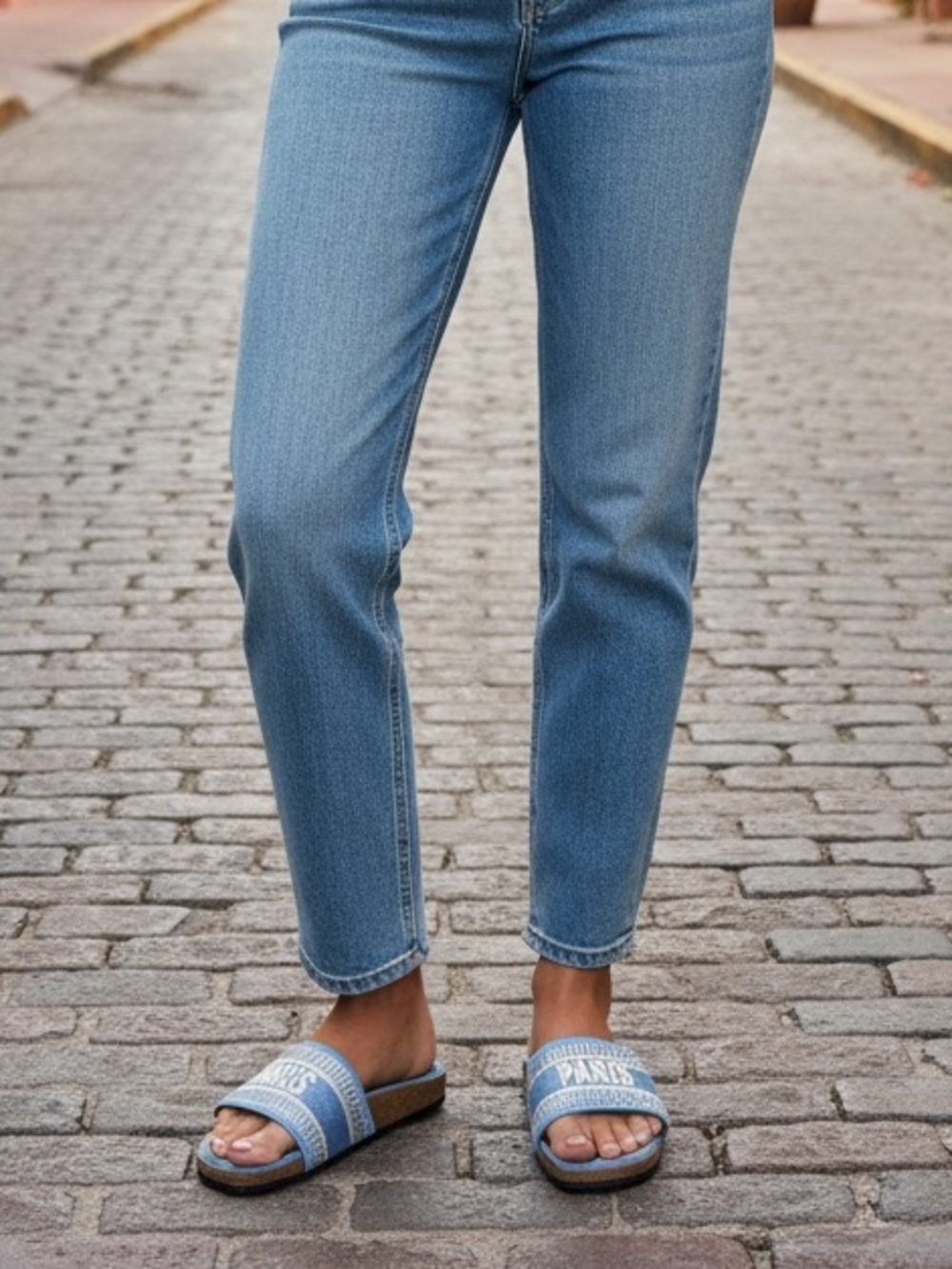 Forever link Paris Slide Sandals in Light Denim Blue. NWT